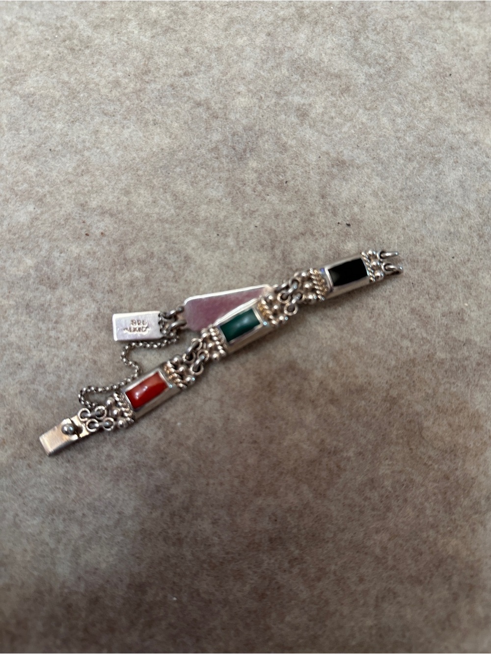 Vintage Mexico 925 Sterling Silver Multi Stone Link Native Style Bracelet